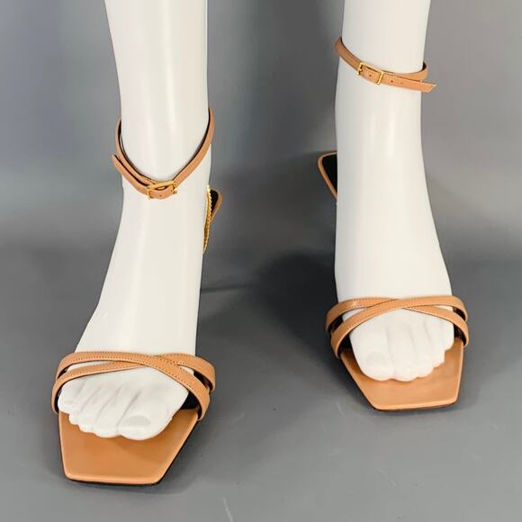 SAINT LAURENT Size 10 Melody Tan Leather Chain Ankle Strap Kitten Heel Sandals - Picture 4 of 7